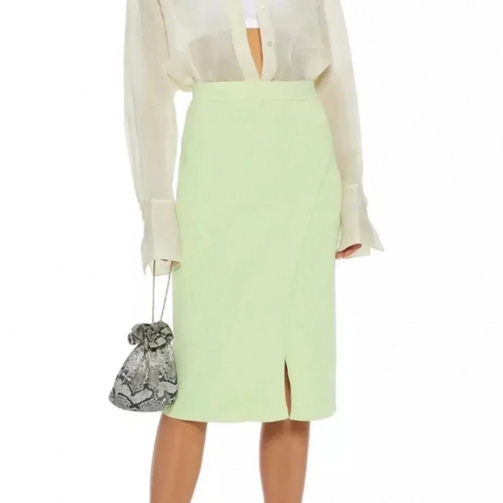 Jonathan Simkhai Jolene Pear Green Ribbed Knit Faux Wrap Slit Pencil Skirt Small